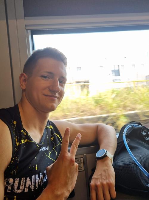 Maciej on the train to Olsztyn
